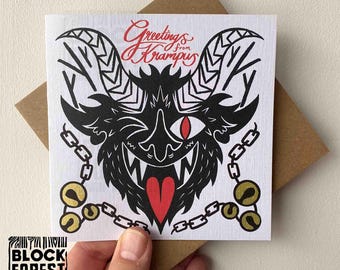 Greetings From Krampus Face Christmas Greetings Card. Gruss Vom Krampus. Alternative Festive Yule Folklore Print.