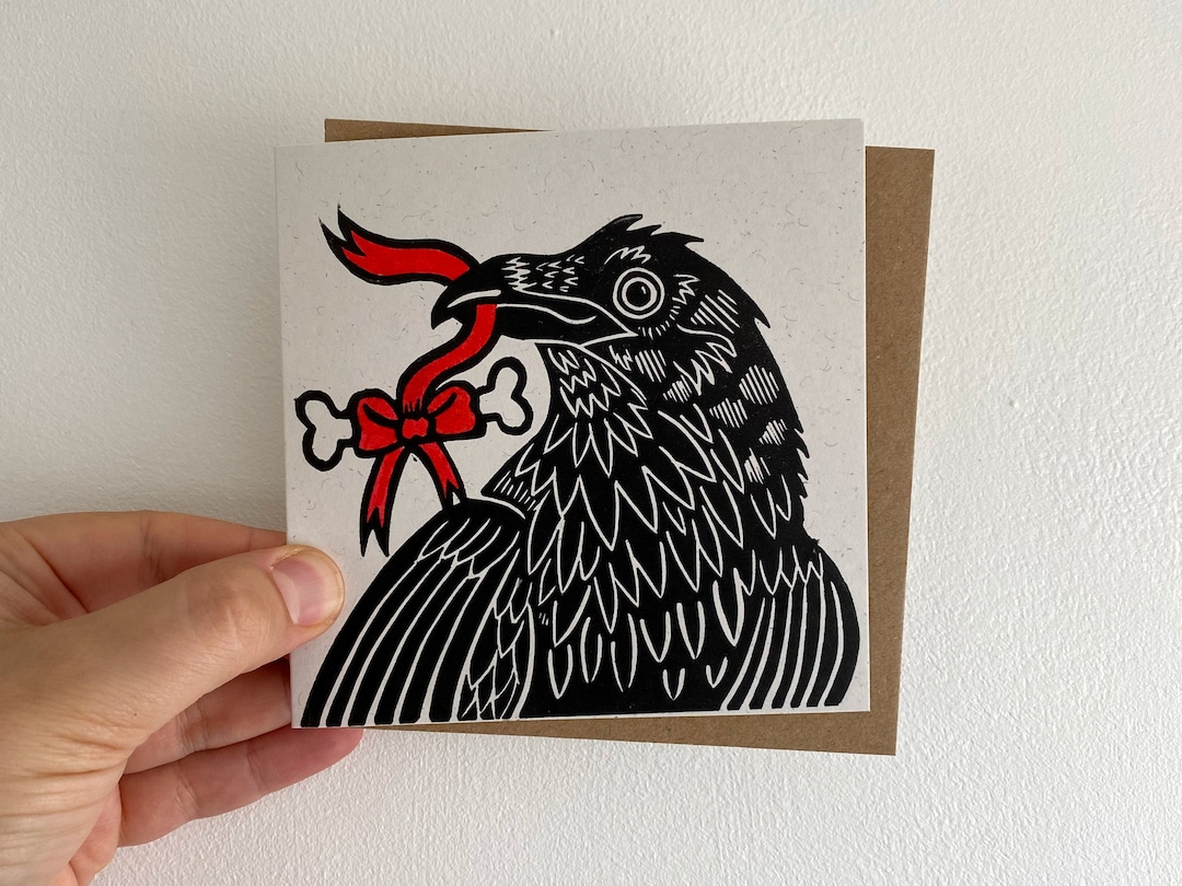 Raven Birthday Card: Handmade Linocut, Spooky Gothic Art - Etsy