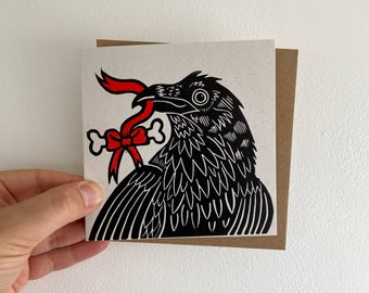 Raven Birthday Card: Handmade Linocut, Spooky Gothic Art
