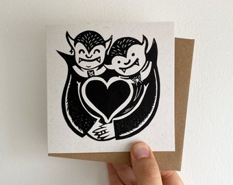 Vampire Hug Linocut Card. Black Heart. Special Greetings Card for Goths and Horror lovers. Perfect for Weddings, Anniversaries or Valentines