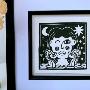 La Estrella. Impresión de cartas del Tarot. Arte mural en linóleo. Decoración de adivinación. Impresión de Halloween. Escalofriante, hecho a mano. Drawlloween 2020.