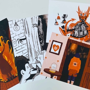 May include: Four illustrated cards with a dark orange and black color scheme. The first card shows a person standing in a fire. The second card shows a person standing in a doorway with a dark interior. The third card shows a person standing in a room with a heart-shaped frame on the wall. The fourth card shows a red devil holding a house.