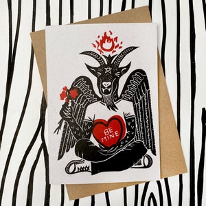 Baphomet Be Mine. Gothic Valentines Love Card. Creepy, Scary, Cute Hand Printed Greetings Card. zdjęcie 6