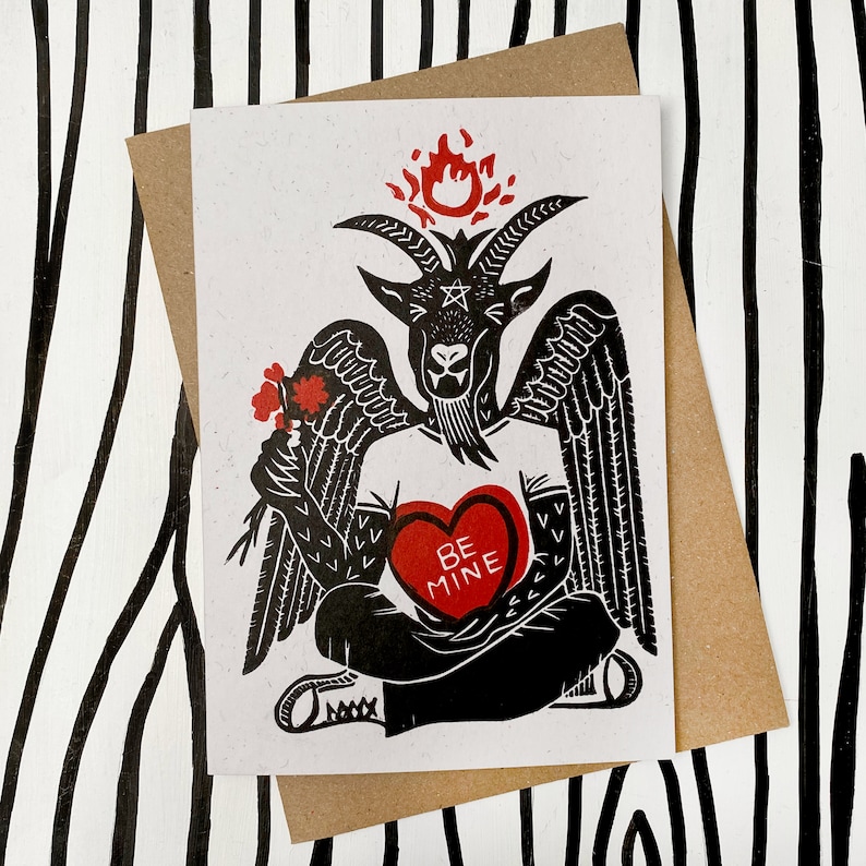 Baphomet Be Mine. Gothic Valentines Love Card. Creepy, Scary, Cute Hand Printed Greetings Card. zdjęcie 6