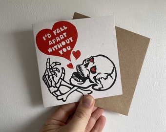 Skeleton Love Card: Handmade Gothic Valentine Linocut