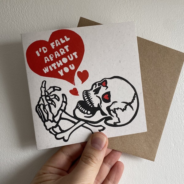 Skeleton Love Day Card. Gothic Valentines Cute Hand Printed Linocut Greetings Card. For Spooky Goth Horror Fans