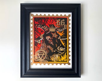 King Baphomet Postage Stamp, Devilish Gothic Goat Limited Edition Linocut Wall Art.