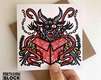 Krampus Present Christmas Greetings Card. Gruss Vom Krampus Alternative Festive Season Folklore Print. Reproduction linocut.