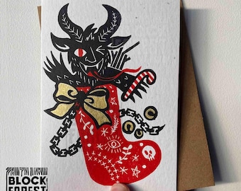 Krampus Stocking Filler Christmas Linocut Greetings Card.