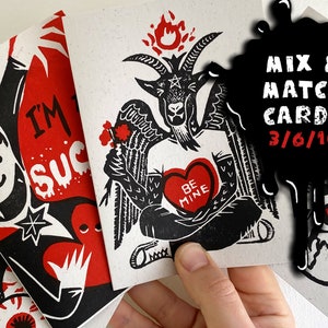 Paquetes de tarjetas en linograbado. Conjuntos de 3, 6 y 10. Elige la tuya y elige tus favoritas. Paquete de tarjetas de felicitación adorables y espeluznantes.