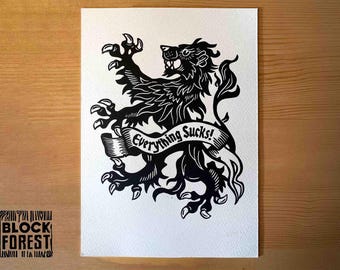 Heraldry Lion Linocut Print: Zodiac Leo, Everything Sucks Vibe, A5
