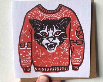 Yule Cat Christmas Card, Goth Metal Folklore Xmas Card