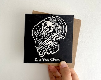 Grim Reaper Linocut Birthday Card. Happy Birthday for Goths and Horror lovers. Memento Mori Art for those with a dark sense of humour