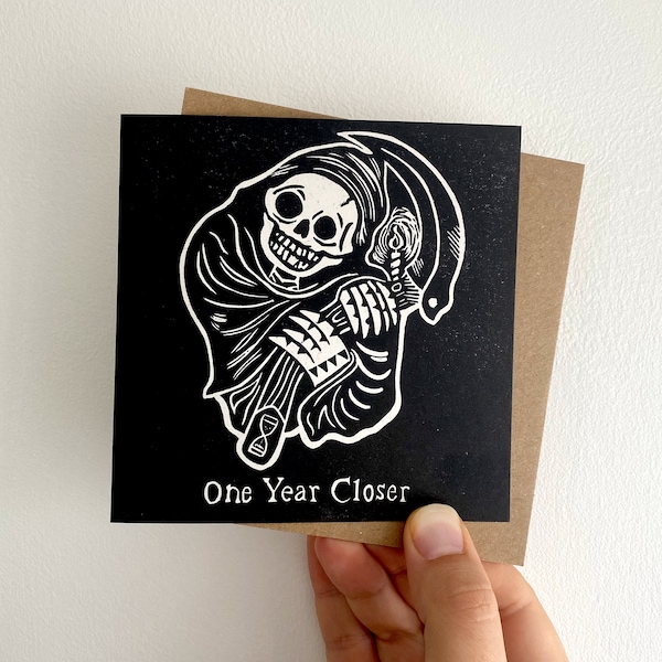 Grim Reaper Linocut Birthday Card. Happy Birthday for Goths and Horror lovers. Memento Mori Art for those with a dark sense of humour