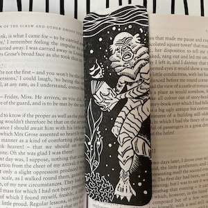 Linocut Gillman Bookmark. Creature from the Black Lagoon. Horror Gothic Literature Book Worm Gift. Relief Print Art.