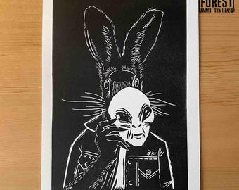 Believe. Alien Rabbit Hare Anthropomorphic Halloween Costume Linocut Print. Open Edition A5.