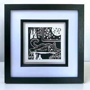 Black Cat Linocut Print: Witchy Gothic Decor for Halloween