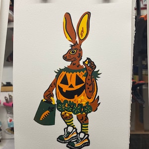 Halloween Hare. Anthro Rabbit Trick or Treater Linocut 6x8in/A5 Horror Wall Art. Limited Edition Print.