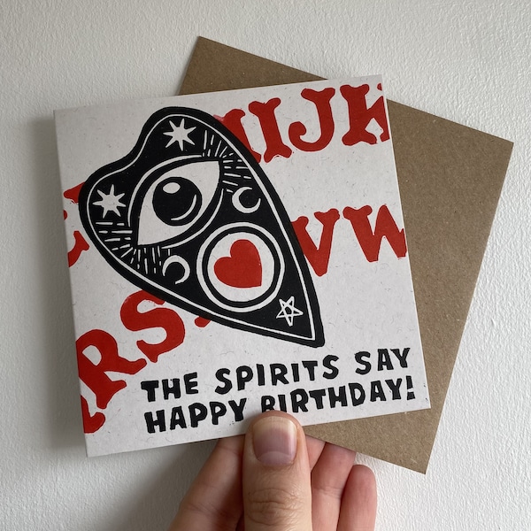 Ouija Board Happy Birthday Hand Printed Linocut Card. Message from the Spirits.