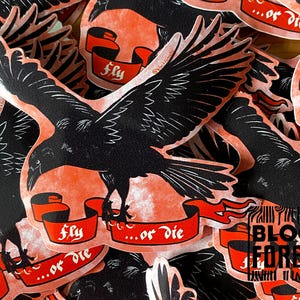 Fly or Die Raven Vinyl Sticker. Cool Heraldry Horror Gothic Stationary Decal. Decoration for notebooks, bottles or laptops