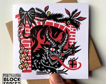 Krampus Fireplace Christmas Card, Gruss Vom Krampus, Linocut Print