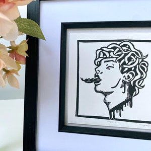 Male Gorgon Myth and Legend Linocut Print. Queer LGBTQIA Drawlloween Halloween Wall Art.