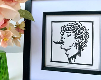 Male Gorgon Myth and Legend Linocut Print. Queer LGBTQIA Drawlloween Halloween Wall Art.