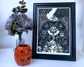 Cat Coven Linocut Print. Limited Edition Hand Printed Relief Print Wall Art. Ideal for Gothic Homes and Spooky Folks.