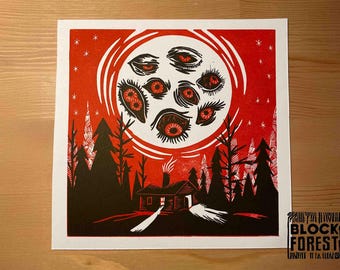 Eldritch Horror Linocut Print: Always Watching, Cabin in the Woods Art