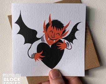 Devil Hugging Heart Gothic Love Card. Alternative Greetings.