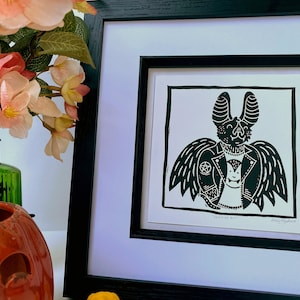 Vampire bat linocut print from my 'Horror High' illustration monster series. Cute and creepy wall decor for gothic homes and horror fans.