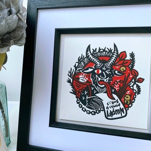 Krampus Christmas Print: Folklore Linocut Art, Gold Detail