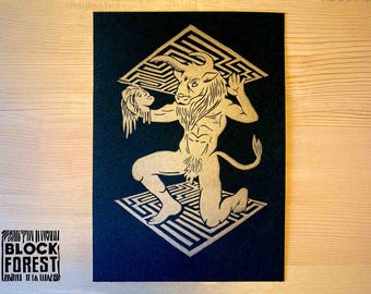 Minotaur Folklore Linocut Wall Art. Creature Myth and Legend Open Edition A5.