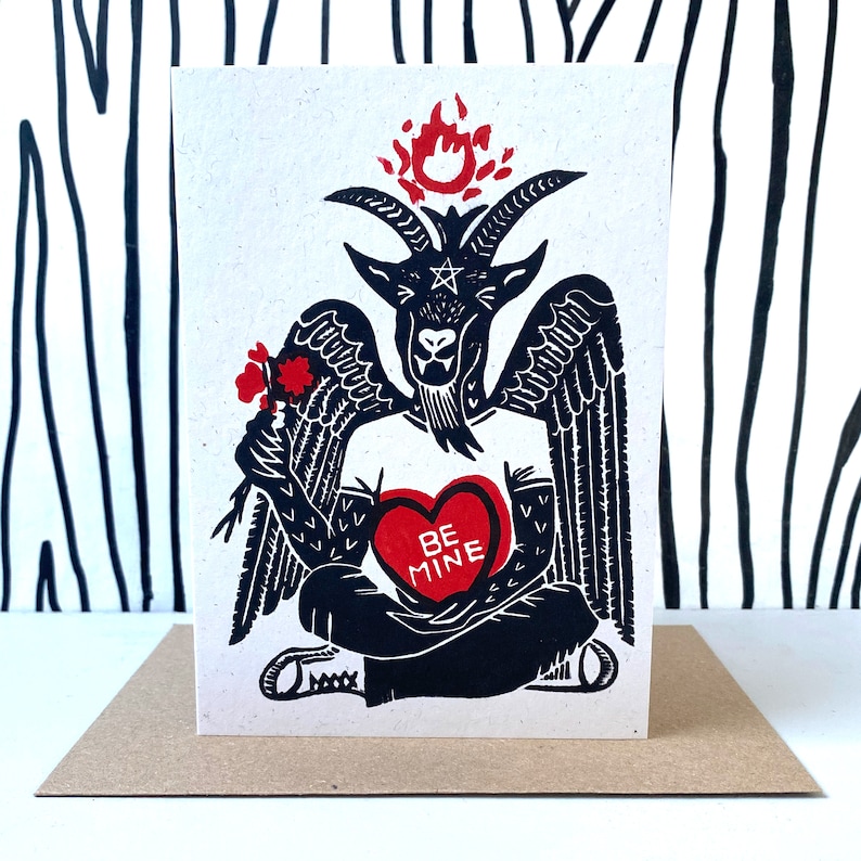 Baphomet Be Mine. Gothic Valentines Love Card. Creepy, Scary, Cute Hand Printed Greetings Card. zdjęcie 2