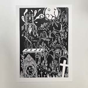 Overgrown Cemetery Linocut Print. Limited Edition Black & White Ink Wall Art. For Goth and horror fans.