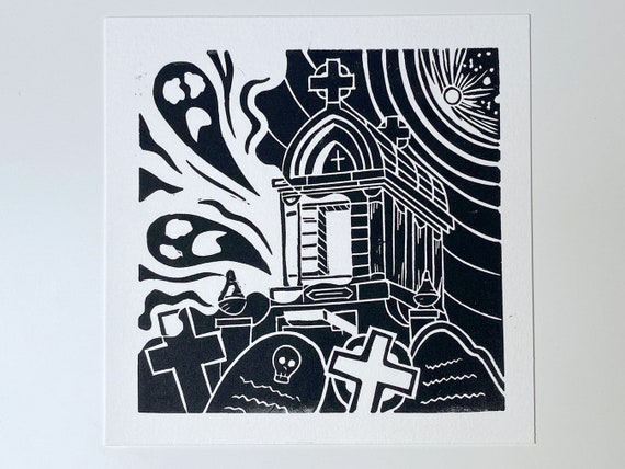 Nunhead Cemetery Linocut Block Print. Spooky Illustrated Dark Wall
