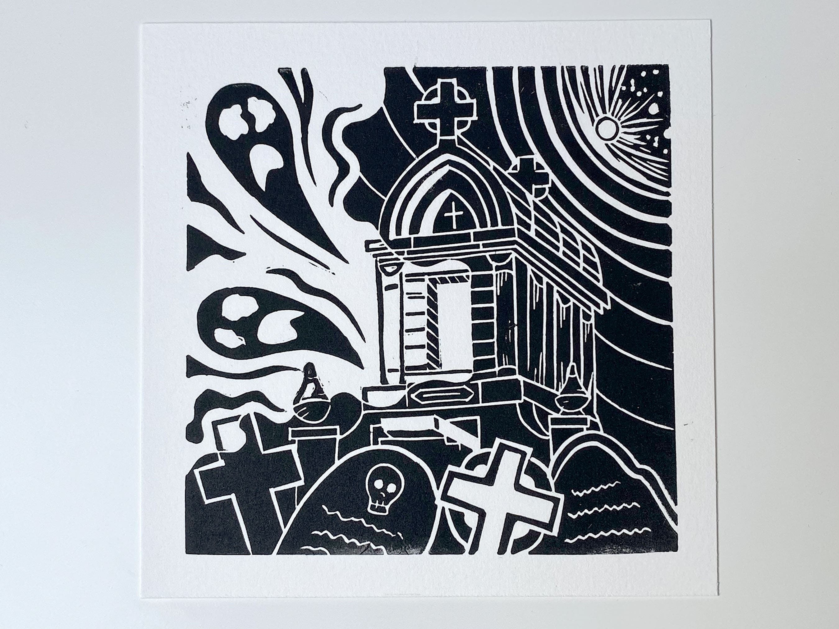 Nunhead Cemetery Linocut Block Print. Spooky Illustrated Dark Wall Art. 