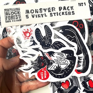 Pack de 5 pegatinas de vinilo Monster. Calcomanía gótica y alternativa para papelería. Decoración para cuadernos, botellas o portátiles.