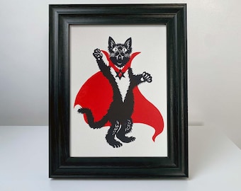 Nospurratu Returns! Vampire Cat Linocut 6x8" Horror Wall Art. Limited Edition Print.