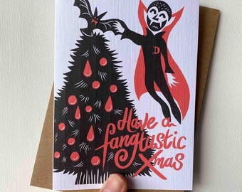Vampire Decorating Christmas Tree Card. Gothic Fangtastic Dark. Festive Gothic Creepmas and Gothmas Greetings.