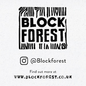 May include: Black and white logo for Block Forest Training. The logo features the words "BLOCK FOREST TRAINING" in a bold, blocky font, set within a square frame with a wood grain design. The Instagram handle @Blockforest and website are also displayed.
