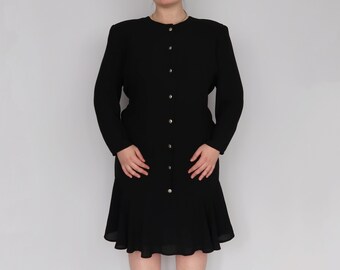 Black Frank Usher Drop Waist 80s Dress / Vintage Black Peplum Dress / Vintage Little Black Dress / 80s Vintage Black Dress with Shoulder Pad