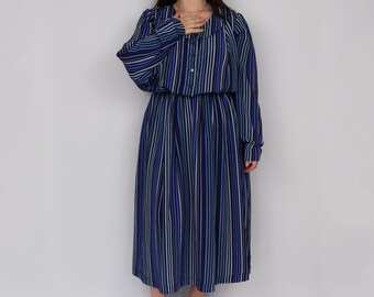 Blue Striped 70s Peter Pan Collar Tea Dress / Vintage Baby Doll Dress / Blue Striped Midi Dress / Blue Tea Dress / Peter Pan Collar Dress