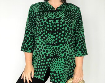 80s Polka Dot Blouse / Green Black Blouse / Vintage Mandarin Blouse / Bold 80s Blouse / Vintage Halftone Print Blouse / Halftone Pattern