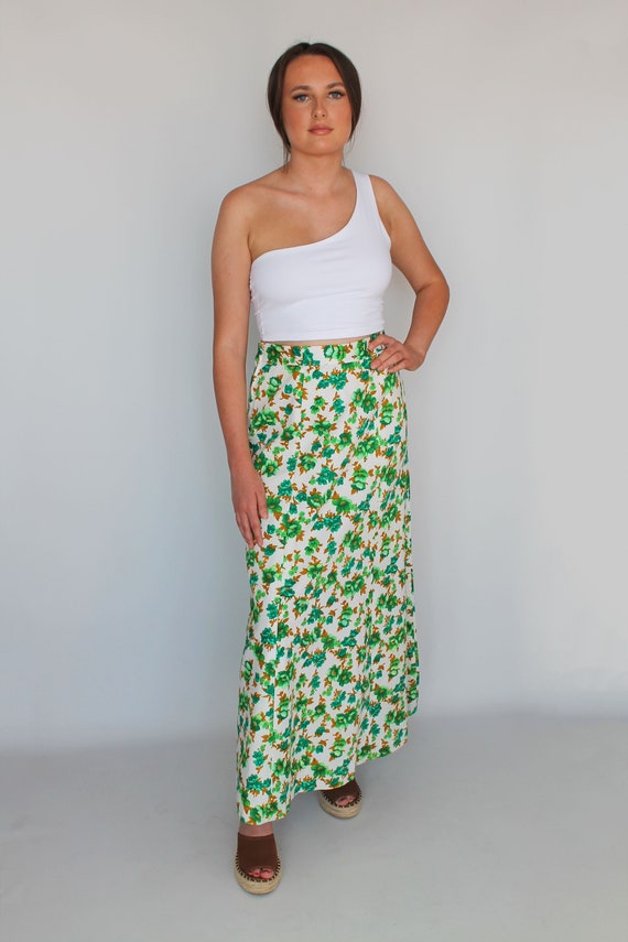 White & Green Floral Print 70s Vintage Maxi Skirt