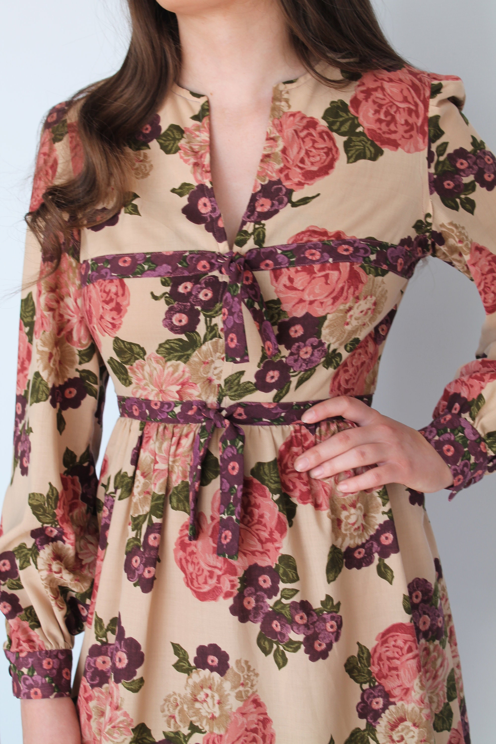 70s Floral Peasant Dress / 70s Bohemian Dress / Brown Floral Etsy