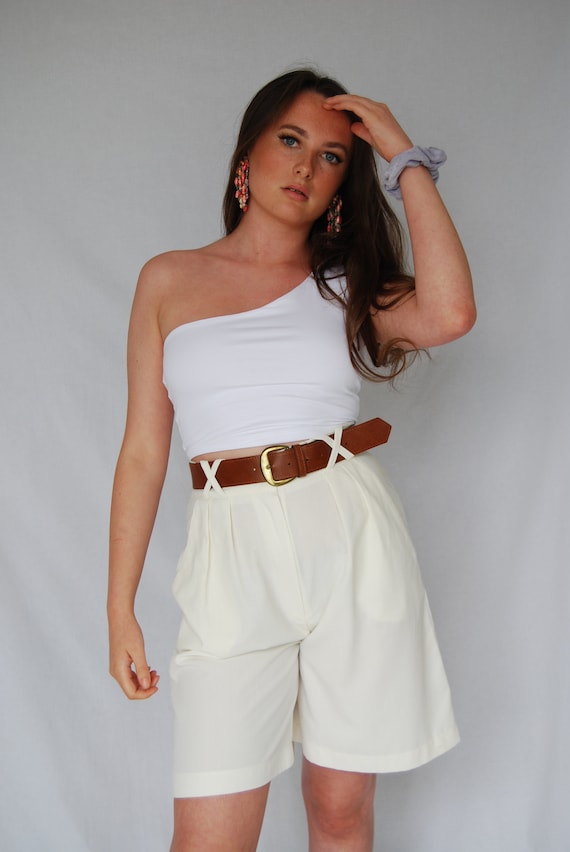 Cream Belted High Waisted Tailored 90s Vintage Sho