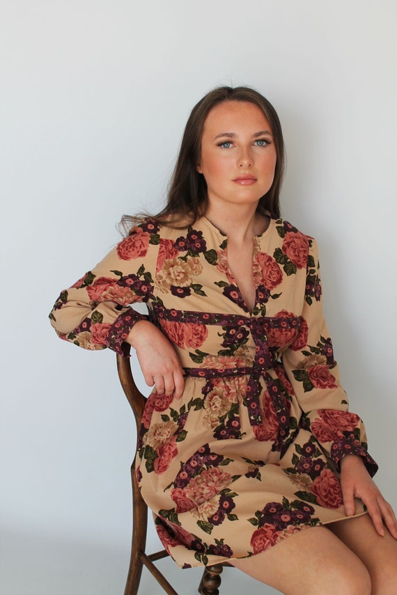 70s Floral Peasant Dress / 70s Bohemian Dress / Br