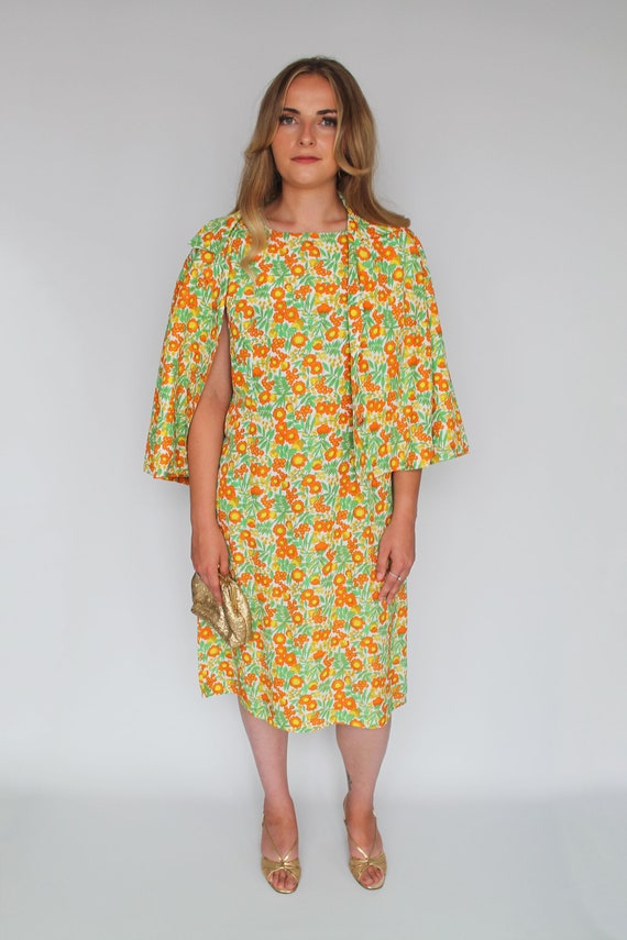 Orange, Yellow & Green Floral Print Two Piece Shif