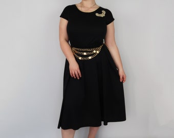 Black 70s Swing Dress with Gold Embroidery Detail / Black Vintage Skater Dress / Black Vintage Tea Dress / Black and Gold Vintage Dress